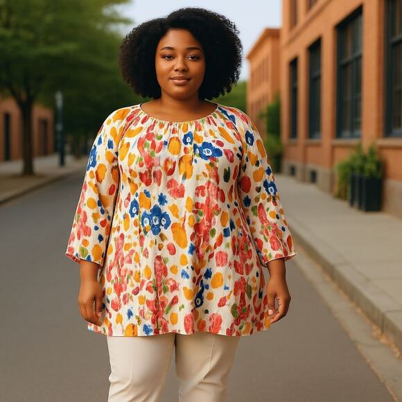 NEW‎ Calessa 3X Abstract Ikat Print Scoop Neck Shirt 3/4 Tiered Sleeve Tunic Top - Picture 1 of 9